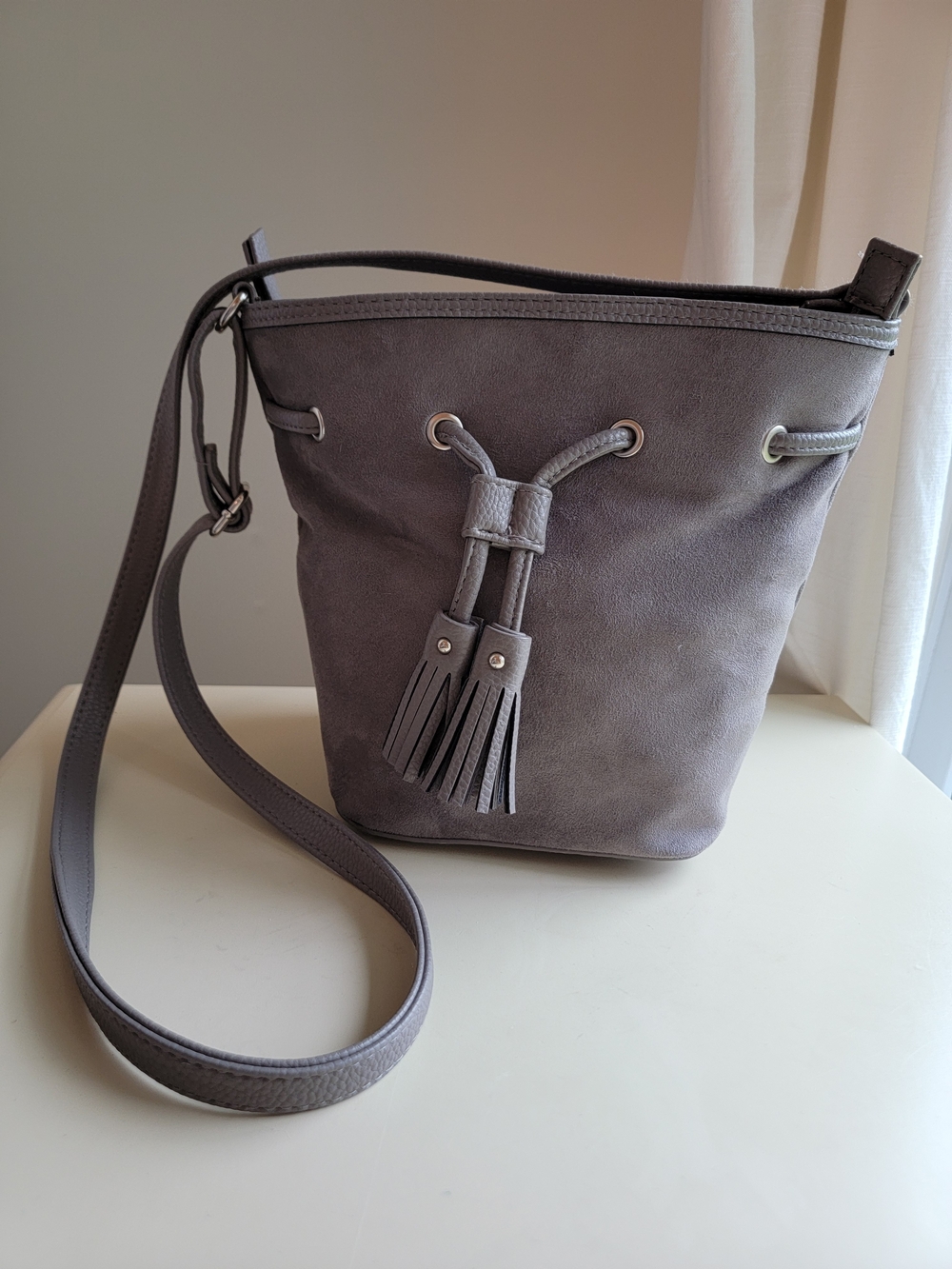 Time and Tru Gray Suede Tassel Bucket Crossbody Bag